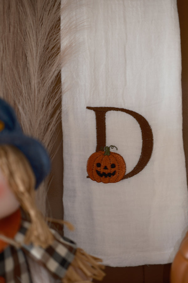 Personalized Pumpkin Initial Embroidered Tea Towel