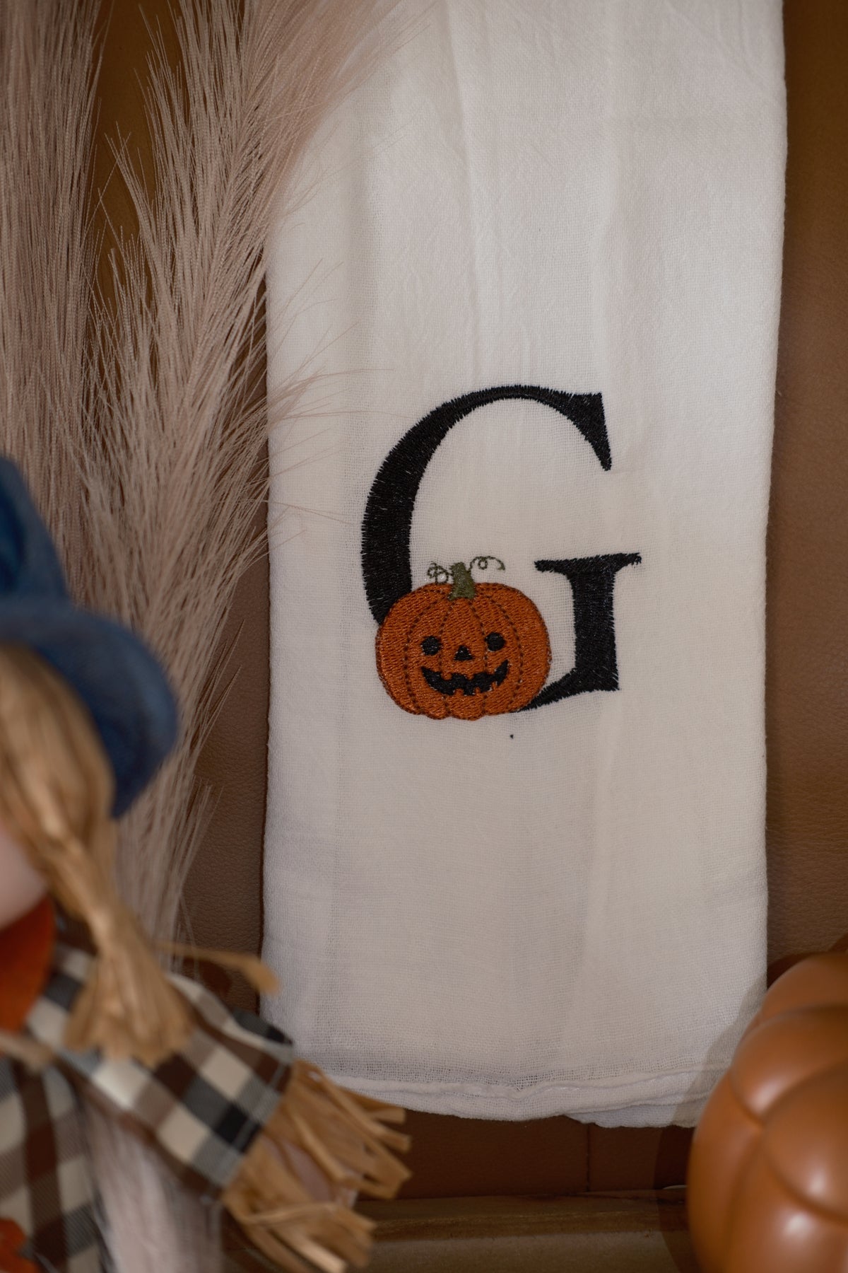Personalized Pumpkin Initial Embroidered Tea Towel