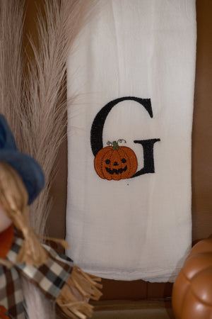 Personalized Pumpkin Initial Embroidered Tea Towel