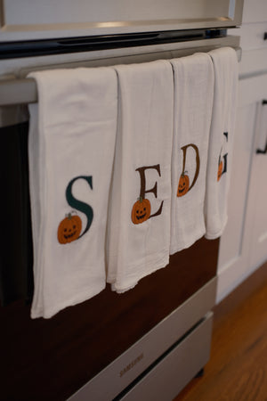 Personalized Pumpkin Initial Embroidered Tea Towel